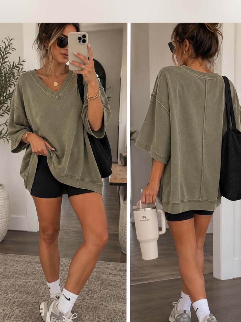 Free People Olive Green Oversized V-Neck Sweatshirt + A GIFT 🎁